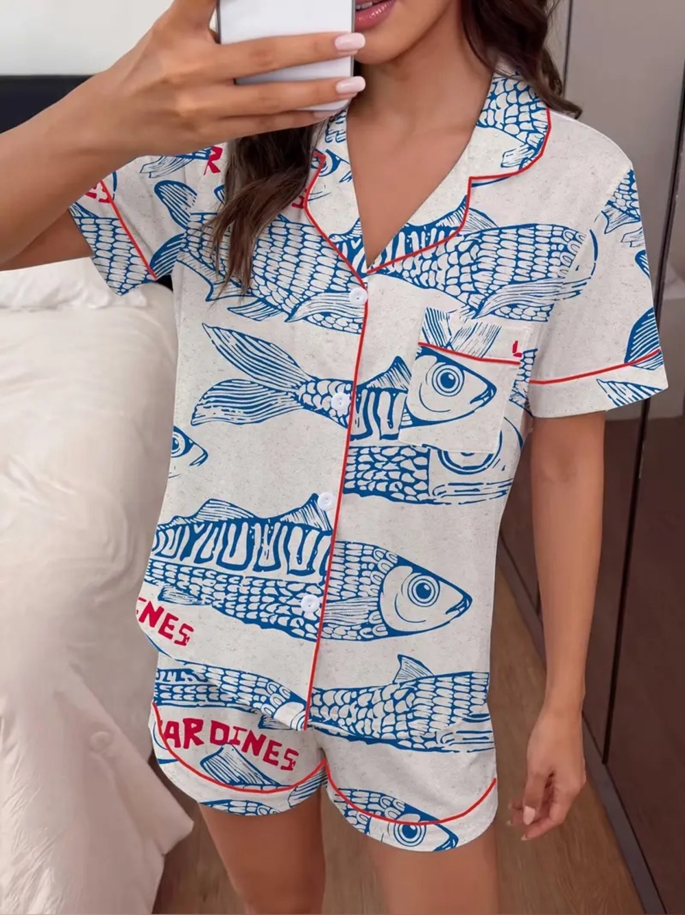 Printed Short Sleeve Button Down Set in Beige & Blue pajama set
